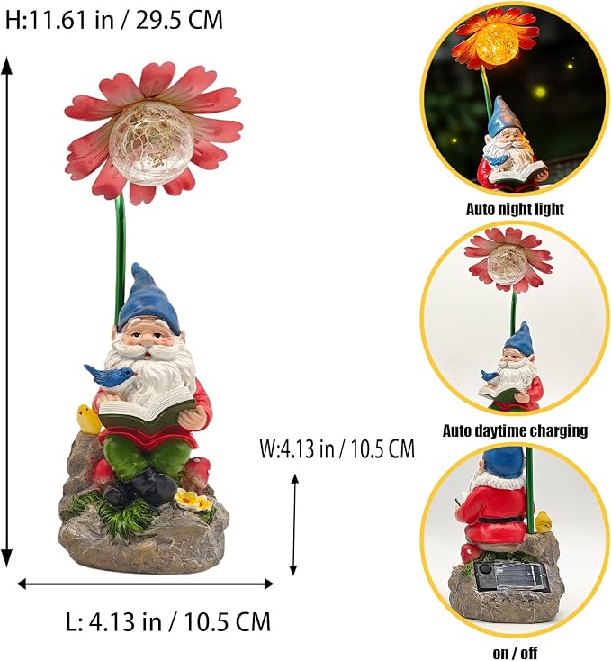 COWOS Solar Powered Garden Gnome Statue with Glowing Flower Light, Hand-Painted Resin Figurine for Outdoor Patio, Yard, Lawn Decor, Gift for Garden Lovers