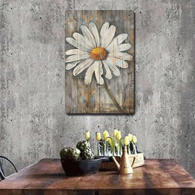 Metal Sign Tin Sign Vintage Wall Art Rustic Reminiscence Daisy Tin Sign for Easy Installation Weather Resistant Design and Vintage Ele Signs for Garden for Room 8×12 Inches