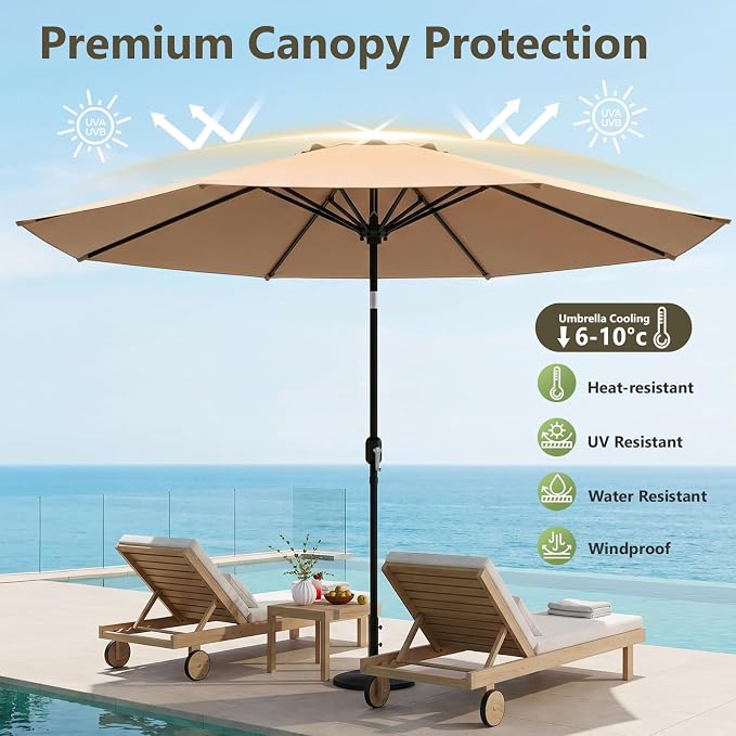 9FT Patio Umbrella,Outdoor Table Umbrella with Push Button Tilt & Crank,Pool Umbrella with Fade-Resistant Canopy, Heavy-Duty Steel Frame, Vented Top, for Deck, Backyard & Market
