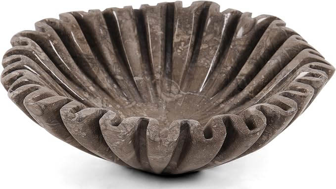Marble Large Decorative Bowl Handmade 10 Inch Ruffle Bowl, Scalloped Bowls for Home Decor, Modern Fruit Bowl for Kitchen Counter, Stone Fluted Bowl for Housewarming Gifts