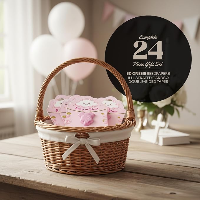 3D Onesie Seed Paper Gift Set – 24 Pink Plantable Baby Girl Onesie Shapes with Wildflower Seeds, Includes Cards & Double-Sided Tape for Baby Shower, Christening, Birthday & Special Occasions