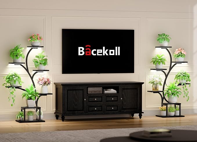 BACEKOLL Plant Stand Indoor with Grow Lights, 7 Tiered Indoor Plant Shelf, 49" Corner Plant Stands for Indoor Plants, Metal Plant Flower Display Shelf, Tree-Shaped Plant Rack for Home, Black