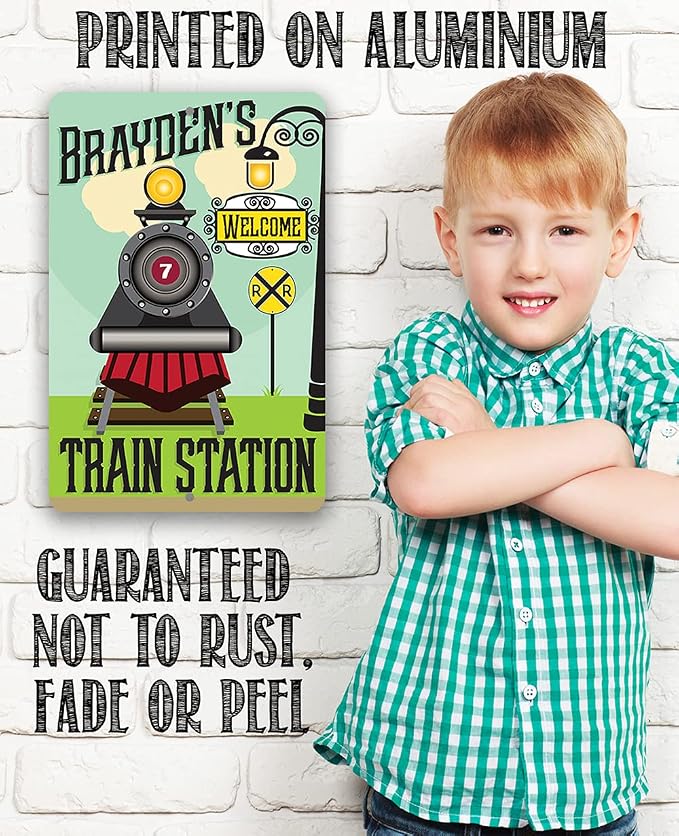 Personalized Train Station - Cute Railroad Crossing Decor, Baby Boy Room Accessories, Playroom Decoration and Custom Baby Shower Gift, 8x12 or 12x18 Use Indoors or Outdoors Durable Metal Sign