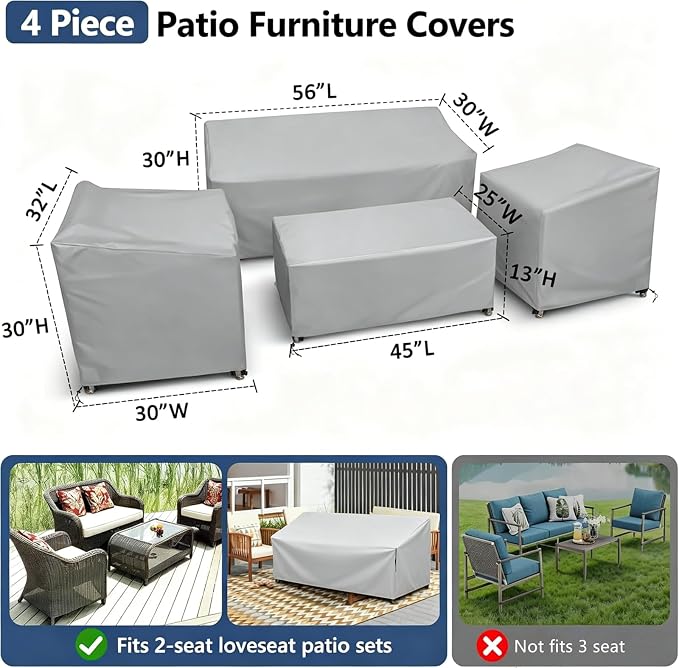 STARTWO Outdoor Furniture Cover Waterproof, 4 Piece Patio Furniture Set Cover for Outside Couch, Lawn Chairs, Coffee Table, Windproof with Buckle Strap, Grey