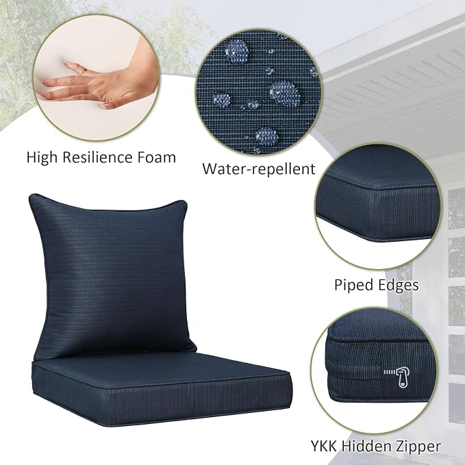 Unimatta Outdoor Patio Chair Cushions Set, 24" x 24"(24x24 Back), Set of 2, Water-Repellent, Fade Resistant, Deep Seat Bottom and Back Cushion for Backyard, Couch, Sofa, Dark Blue Linen