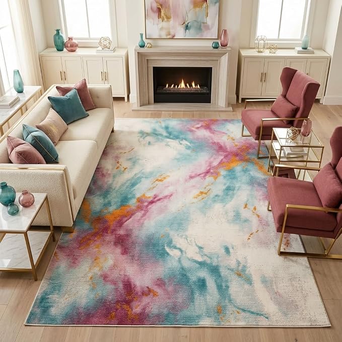 5x7 Pink and Blue Modern Abstract Watercolor Area Rug | Faux cashmere low-pile, washable non-slip foldable rug for living rooms, bedrooms and dining rooms.