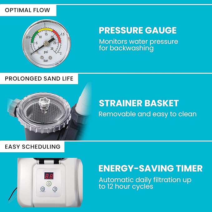 INTEX Krystal Clear 3,000 GPH Sand Filter Pump with 2-Pack Replacement Hose | 26651EG - 16" Tank for Above Ground Pools: 5,500 to 19,600 Gal, 120 lb Sand Capacity - Improved Circulation & Filtration