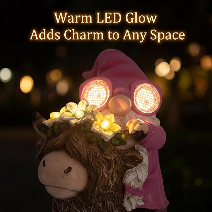 iStatue Solar Highland Cow Garden Statue with Animated LED Goggles - 8.7" Resin Gnome Figurine Moving Pixel Matrix Eyes Unique for Mom Women (Pink)