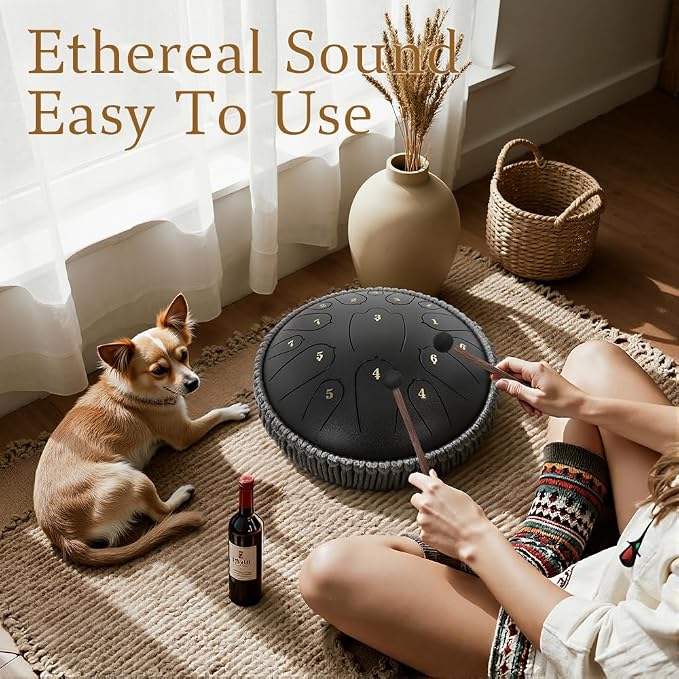 Rain Drum for Outside, 12 Inch 15 Notes Steel Tongue Drum, D Major Percussion Instrument with Soft Bag, Mallets & Music Book, Zen Garden Decor for Meditation, Yoga & Sound Healing (Black)