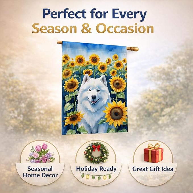 Caroline's Treasures DAC6154CHF Samoyed in Sunflowers House Flag Large Porch Sleeve Pole Decorative Outside Yard Banner Artwork Wall Hanging, Polyester, House Size, Multicolor