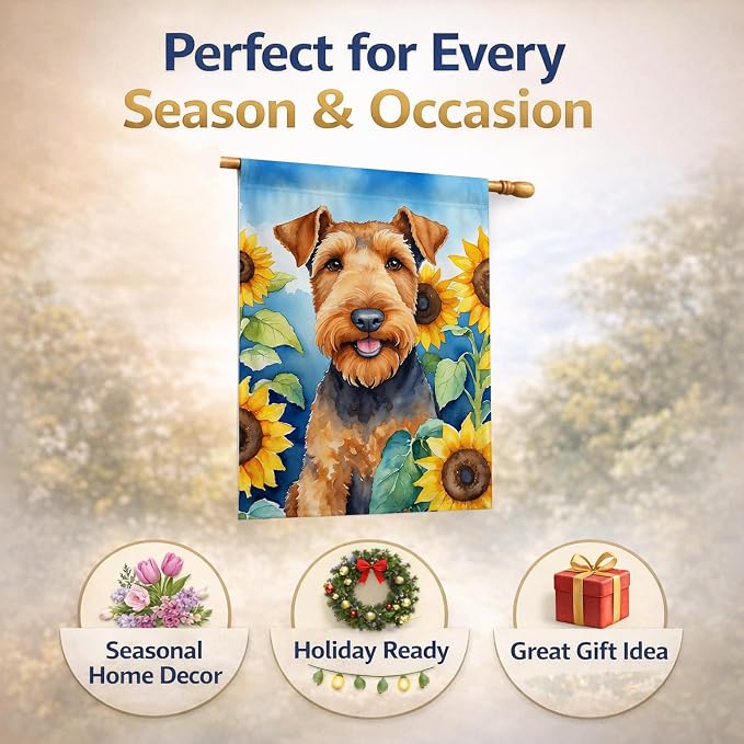 Caroline's Treasures DAC6002CHF Airedale Terrier in Sunflowers House Flag Large Porch Sleeve Pole Decorative Outside Yard Banner Artwork Wall Hanging, Polyester, House Size, Multicolor