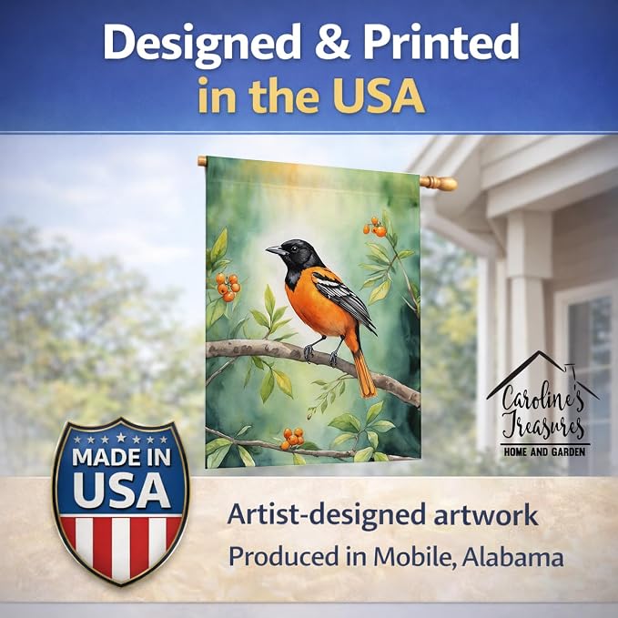 Caroline's Treasures Maryland Baltimore Oriole House Flag Large Porch Sleeve Pole Decorative Outside Yard Banner Artwork Wall Hanging, Polyester, House Size, Multicolor