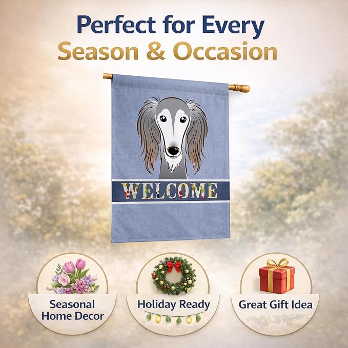 Caroline's Treasures BB1415CHF Saluki Welcome House Flag, Blue Large Porch Sleeve Pole Decorative Outside Yard Banner Artwork Wall Hanging, Polyester, House Size, Multicolor