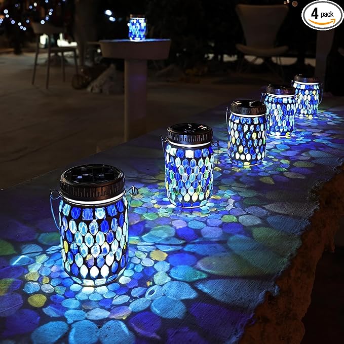 Cooo Mosaic Lanterns Outdoor Waterproof with 215% Larger Solar Panel, Never Rust Lids, True Capacity Battery- Solar Mason Mosaics Jar Lantern for Patio Garden Yard Balcony Hanging or Table (4)