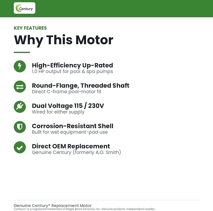 Century UST1102 1-Horsepower Up-Rated Round Flange Replacement Motor (Formerly A.O. Smith) | 56J round flange C-face, 5/8 in shaft, 7/16-20 right hand thread, CCW from the pump end, run capacitor not included
