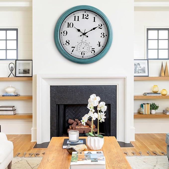 16 Inch Large Outdoor Clock Retro Waterproof Clock Non-Ticking Indoor/Outdoor Wall Clock with Thermometer, Battery Operated for Pool, Patio, Garden, Green