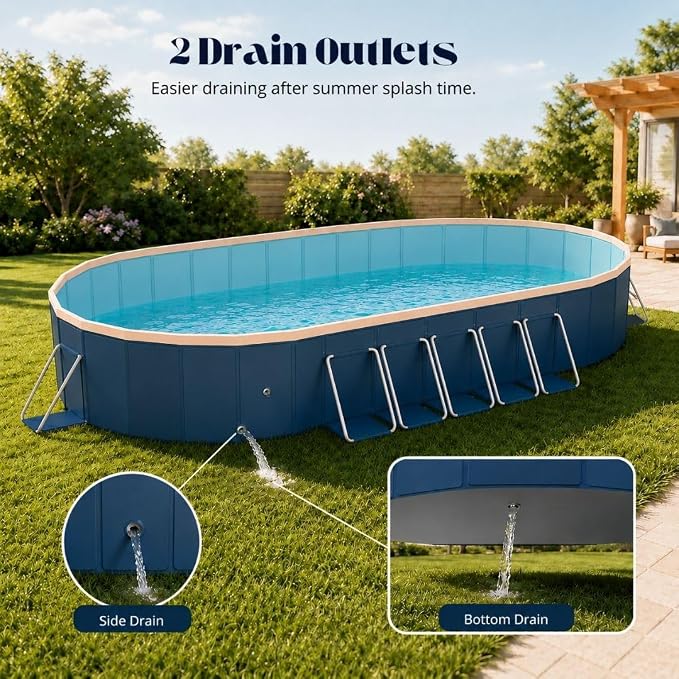 12 ft Foldable Non-Inflatable Swimming Pool, 143.70 x 98.43 x 19.69 in, Blue PVC Backyard Pool with Aluminum Alloy Triangle Supports for 3 Adults and 5 Children