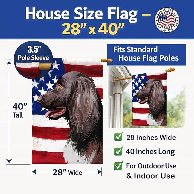 Caroline's Treasures CK6624CHF Small Munsterlander Dog American Flag House Flag Large Porch Sleeve Pole Decorative Outside Yard Banner Artwork Wall Hanging, Polyester, House Size, Multicolor