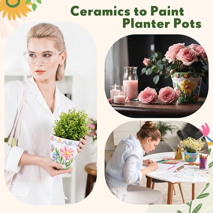 Zubebe 12 Pcs Paint Your Own Ceramic Pots Bulk Unfinished Succulent Pots Craft Kit with Drainage Hole Mini Paintable Plant Vase Ready to Paint Planter for Cactus DIY Craft (Spring Flowers)
