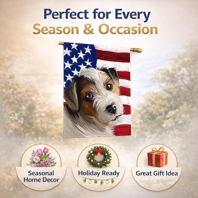 Caroline's Treasures CK6637CHF Parson Russell Terrier American Flag House Flag Large Porch Sleeve Pole Decorative Outside Yard Banner Artwork Wall Hanging, Polyester, House Size, Multicolor