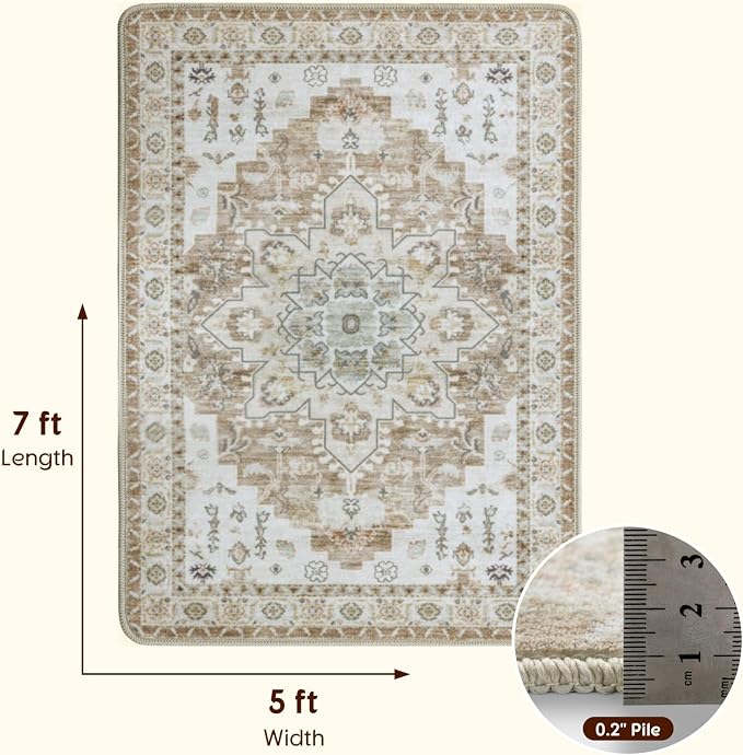 LBRO2M Machine Washable Rug Soft Pet Friendly Carpet 5X7 Cream | Persian Rug 5X7 for Living Room, Bedroom, Dining Room, Home Office, Non Slip Carpet, Foldable Stain Resistant Rugs