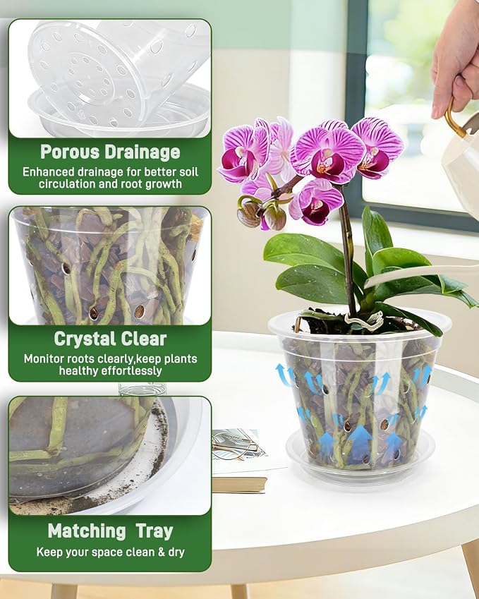 10 Pack 7 Inch Orchid Pot , Deeper and Thicker Plastic Orchid Pots with Holes, Clear Orchid Pots with Holes and Saucers for Repotting , Indoor and Outdoor Orchid Planter for Healthy Root Growth