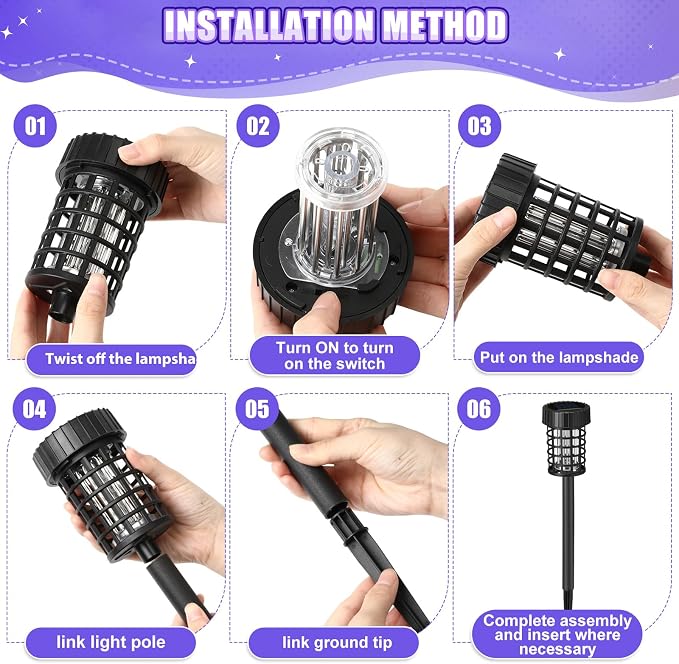 Qualirey 4 Pack Solar Bug Zapper Outdoor Waterproof Mosquito Repellent Killer Bug Zapper Lamp with LED Light for Outdoor Garden Patio Yard (White and Purple Light,Black)