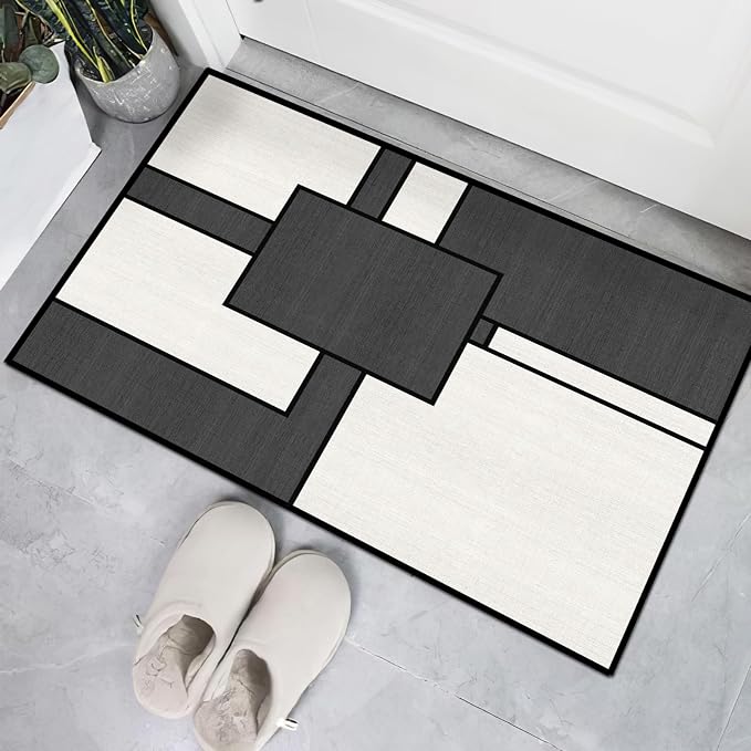 Black and White Entryway Area Rug 2x3 Geometric Small Rug for Entry | Machine Washable Geometric Door Mat Low Pile Abstract Rugs Non-Slip Carpet for Entry Bedroom Kitchen Bathroom Laundry