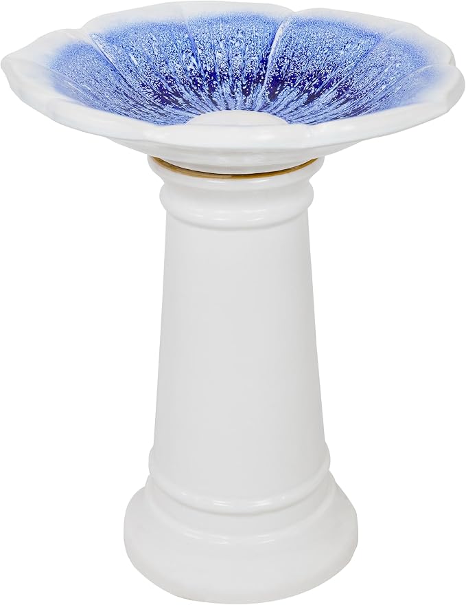 Sunnydaze Misty Blossom Ceramic Bird Bath for Outdoors - 23" H - UV-/ Frost-Resistant - Antique Bird Bath for Garden with White Pedestal/Blue Bowl