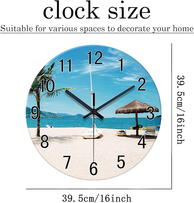 XFM Blue Beach Wall Clock 16 Inch Tropical Coastal | Silent Non Ticking Battery Operated Modern Glass Decorative for Living Room Bedroom Home Office Silent Non-Ticking