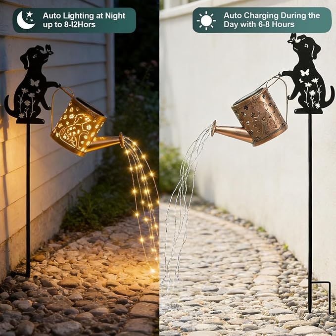 2 Pcs Dog Solar Watering Can with Light, Featuring Metal Dog Statue Silhouette Stake,Outdoor Yard Decor Gift for Women, for Outside Landscapes, Lawn, Garden Path Decoration
