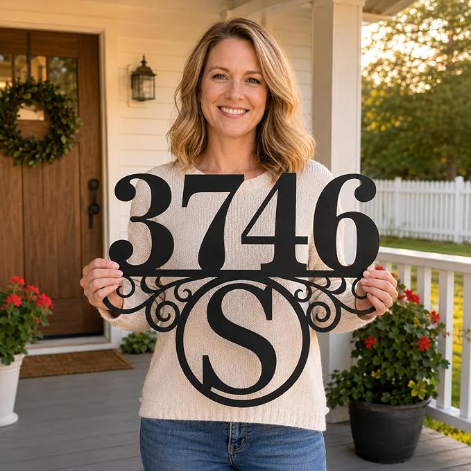 Custom Metal Address Sign for Home Personalized House Number Plaque Decorative Laser Cut Monogram Front Porch Wall Art Elegant Entryway Decor for Family Homes