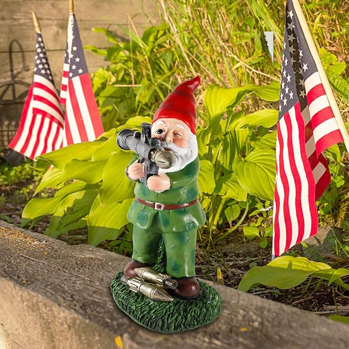 Solar Military Garden Gnome Statue with RPG, Large War Army Combat Defender Soldier Patriotic Gnome Figurine with Gun, Outdoor Patio Yard Lawn Home Ornament Decor, Valentine's Day Men Gift
