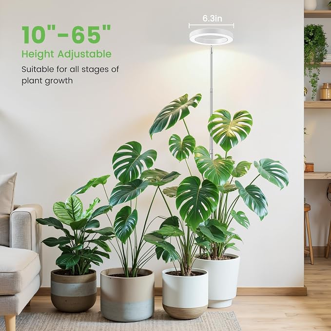 Aokrean 6.3in Grow Light, 80 LED Full Spectrum Halo Plant Lights for Indoor Growing, Height Adjustable 10"-65" Growing Lamp, Auto Timer 6/12/16Hrs, 3 Lighting Modes, Idea for Large Plant, 3 Pack
