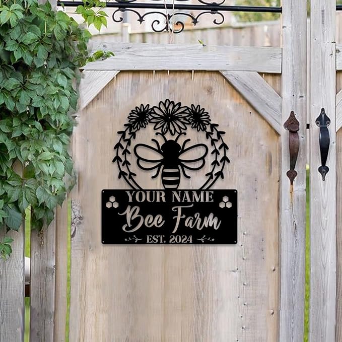 MeMate Bee Farm Flowers Sign, Custom Name Sign Metal for Bee Lovers, Garden Sign to Personalize, Bee Garden Art Decorations, Personalized Bee Sign, 8-24 inches Large Metal Sign, Gift for Beekeeper