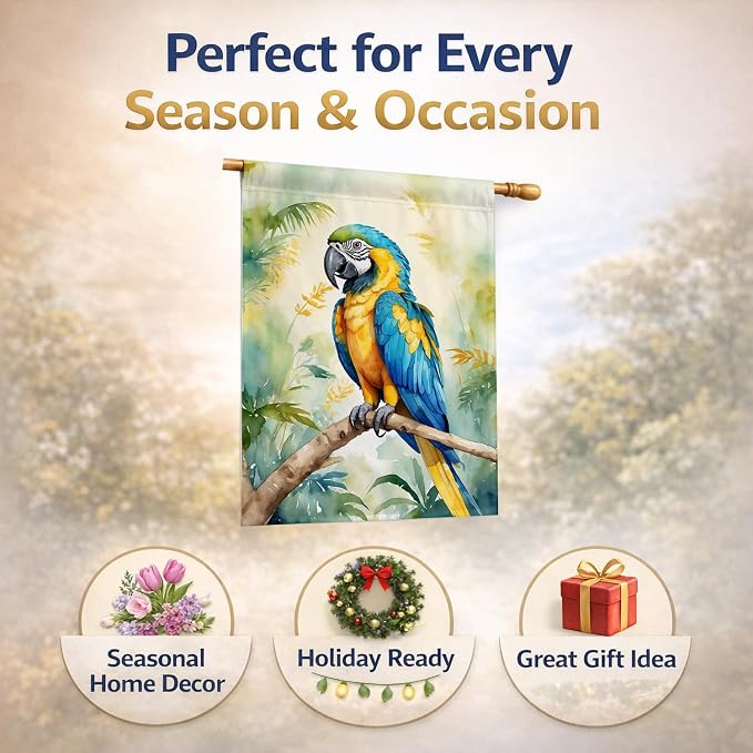 Caroline's Treasures Blue and Gold Macaw House Flag Large Porch Sleeve Pole Decorative Outside Yard Banner Artwork Wall Hanging, Polyester, House Size, Multicolor