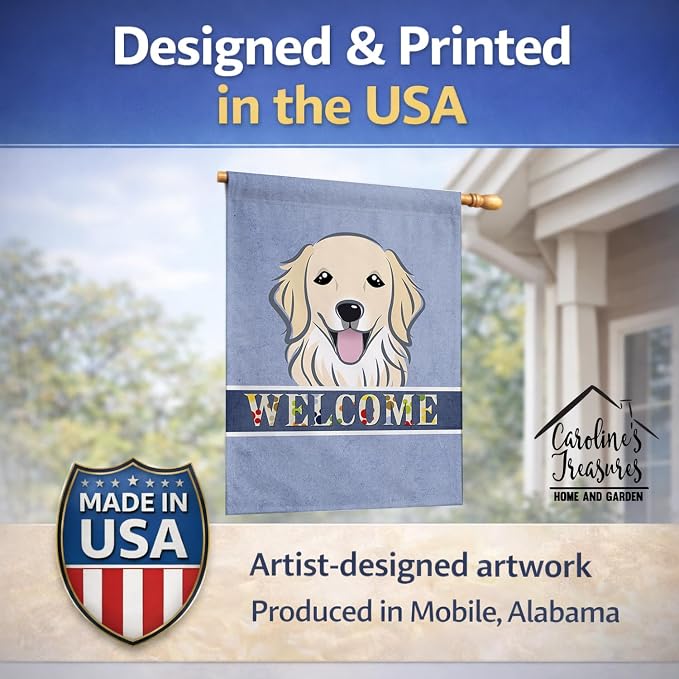 Caroline's Treasures BB1391CHF Golden Retriever Welcome House Flag, Blue Large Porch Sleeve Pole Decorative Outside Yard Banner Artwork Wall Hanging, Polyester, House Size, Multicolor