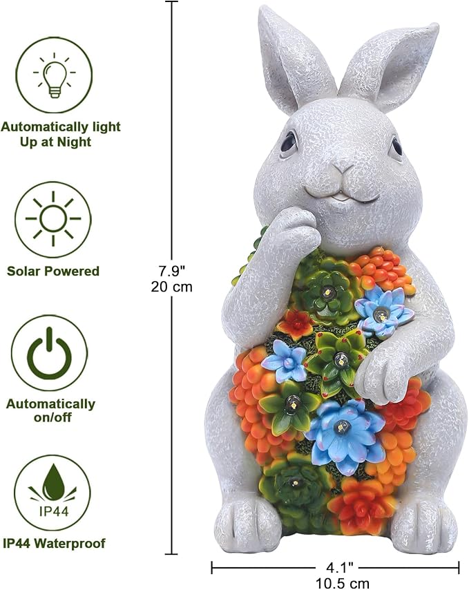 Solar Garden Outdoor Statues Bunny with Succulent | 7 LED Lights, Lawn Decor Statue for Patio, Balcony, Yard Ornament, Gifts for Mom Grandma Women