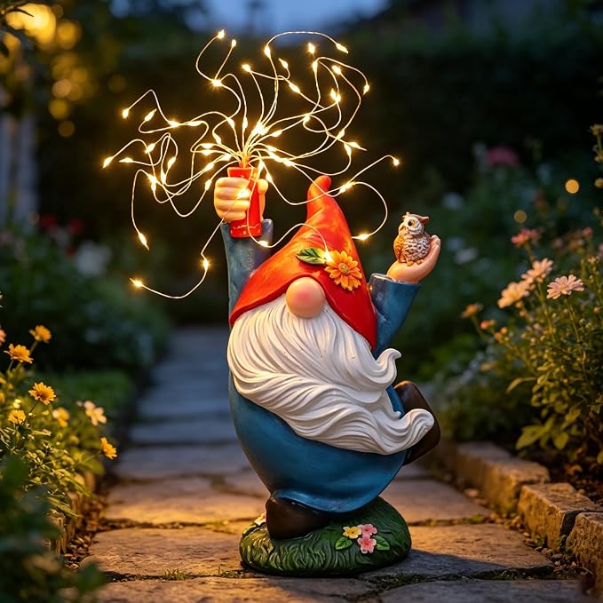 Garden Gnome Statue, Solar Outdoor Decor with Owl and Firework LEDs | Waterproof solar resin gnome for outdoor gardens, patios, porches and balconies; a charming gift for women and garden lovers