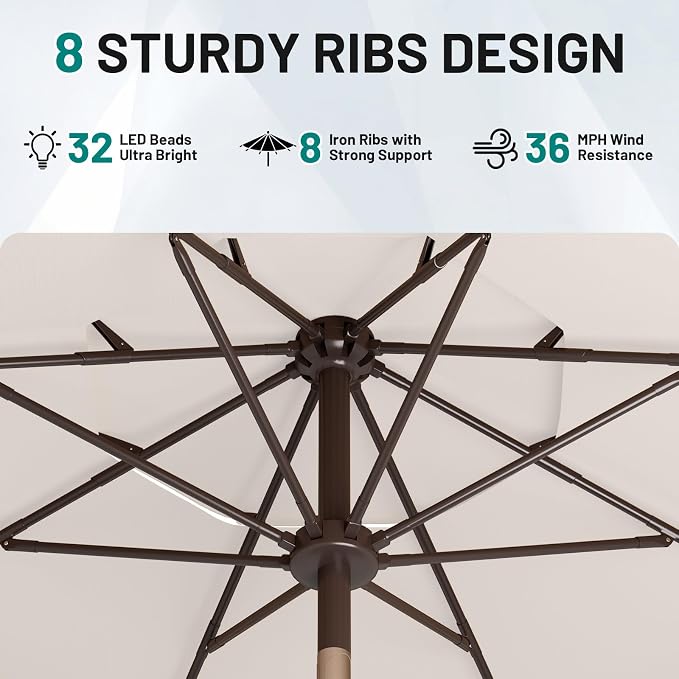 AreShark 9ft 3 Tiers Patio Umbrella with Solar Lights, Outdoor Umbrella w/ 32 LED Lights&8 Sturdy Ribs, Table Umbrella for Deck, Backyard, Pool (Ivory)