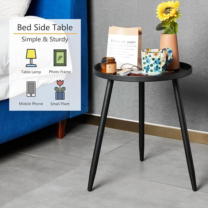 Linpla Decent End/Side Tables - Small Round Accent Table, Metal Black Narrow Night Stands with 3 Legs, Ideal for Any Room-Side Tables Living Room, Bedroom, Tall Plant Stand Balcony, Indoor & Outdoor