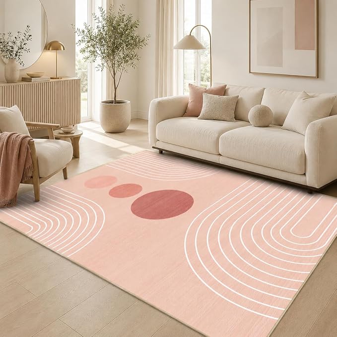 Boho Rug 3x5 Modern Geometric Minimalist Abstract Line Area Rug for Entryway Living Room Pink Mid Century Modern Machine Washable Non-Slip Printed Low-Pile Floor Carpet for Kitchen Bedroom Pink