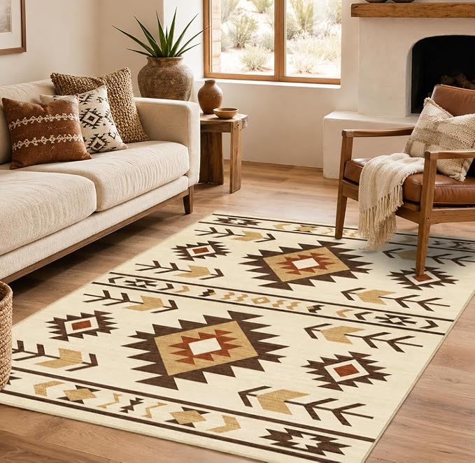 Western Area Rug 3x5 for Living Room Bedroom, Southwestern Aztec Tribal Area Rugs Southwest Navajo Machine Washable Rug Non-Slip Printed Low-Pile Floor Carpet for Kitchen Bathroom, Camel