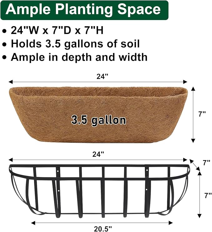 DUNCHATY 24 Inch Railing Planter 2 Pack - Adjustable Metal Window Box Planter with Coco Liner for Deck Balcony Porch Fence - Outdoor Hanging Flower Basket for Herbs & Flowers