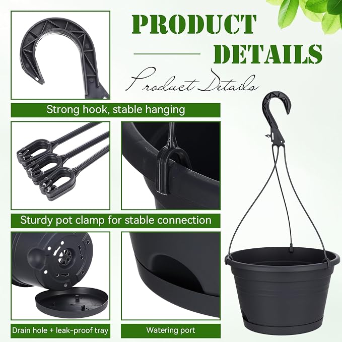 Roshtia 20 Pcs 10 Inch Hanging Baskets for Plants Large Plastic Hanging Basket Pots with Drainage Trays Self Watering Planter Pots for Outdoor Indoor Plants Flowers Garden Balcony (Black)