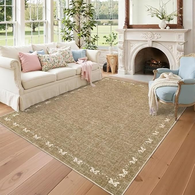 COZYLOOM Rugs for Living Room 5x7 Bow Border Area Rugs for Bedroom, Washable Area Rug with Non Slip Backing, Non Shedding Low Pile Modern Solid Color Carpet for Dining Room, Entryway, Kids Room, Brown