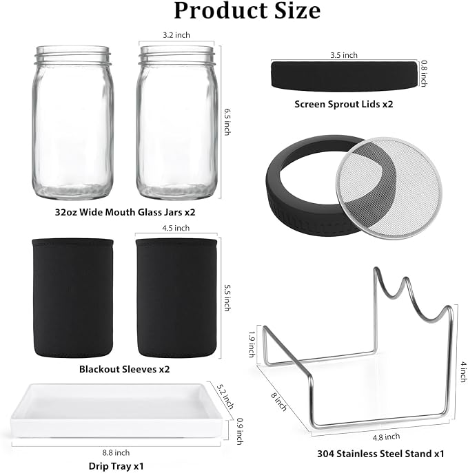 Kitmiido Organic Seed Sprouting Jar Kit – 2 × 32 oz Wide-Mouth Mason Jars with Stainless-Steel Sprouter Lids & Stand, Blackout Sleeves, Drain Tray – Grow Broccoli, Alfalfa & Bean Microgreens
