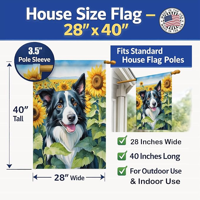 Caroline's Treasures DAC6031CHF Border Collie in Sunflowers House Flag Large Porch Sleeve Pole Decorative Outside Yard Banner Artwork Wall Hanging, Polyester, House Size, Multicolor