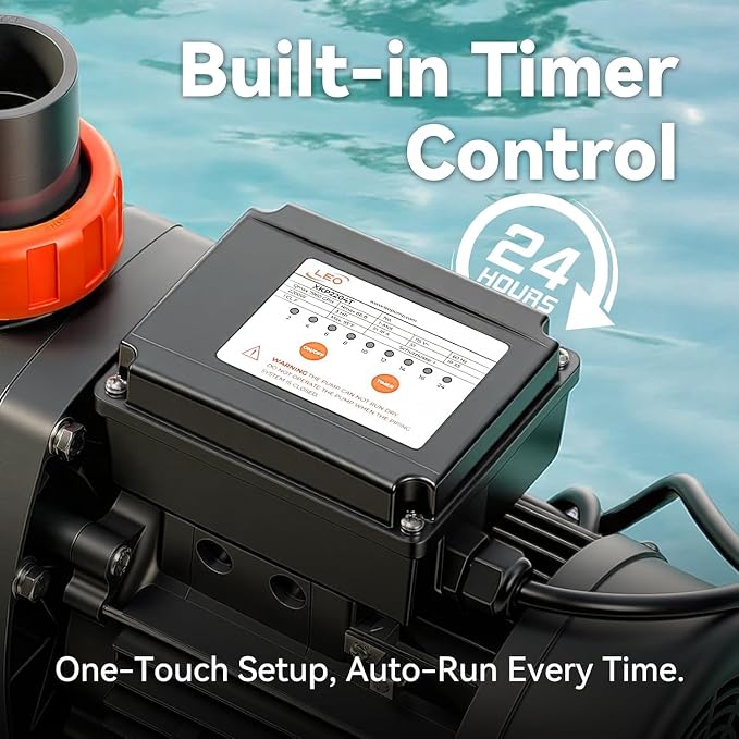 LEO 3HP In/Above Ground Pool Pump with Timer High Flow Powerful Self Priming Pool Pump, Single Speed 115V 7910GPH, Orange Red
