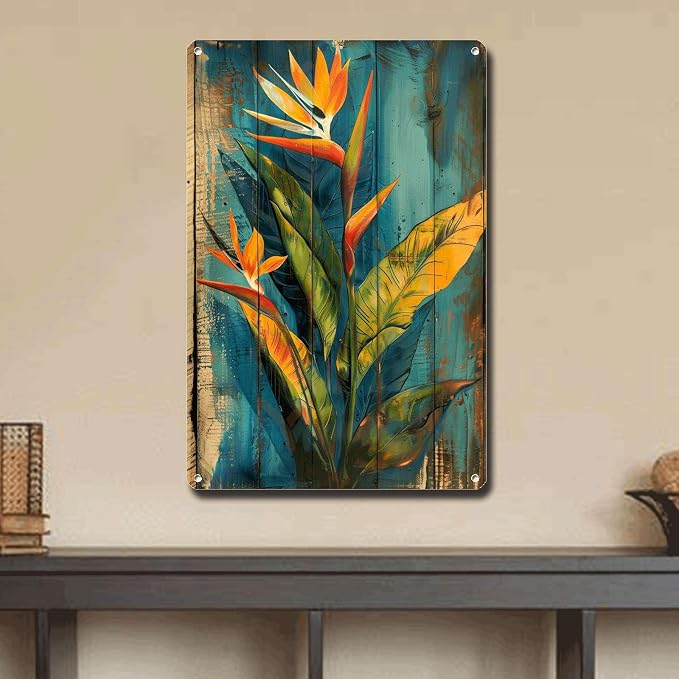 Metal Sign Tin Sign Vintage Wall Art Vintage Bird of Paradise Tin Sign for Exotic Garden Decor Rustic Wall Art and Distressed Wood Pan Bar Signs for Home Decor for Club 12×16 Inches